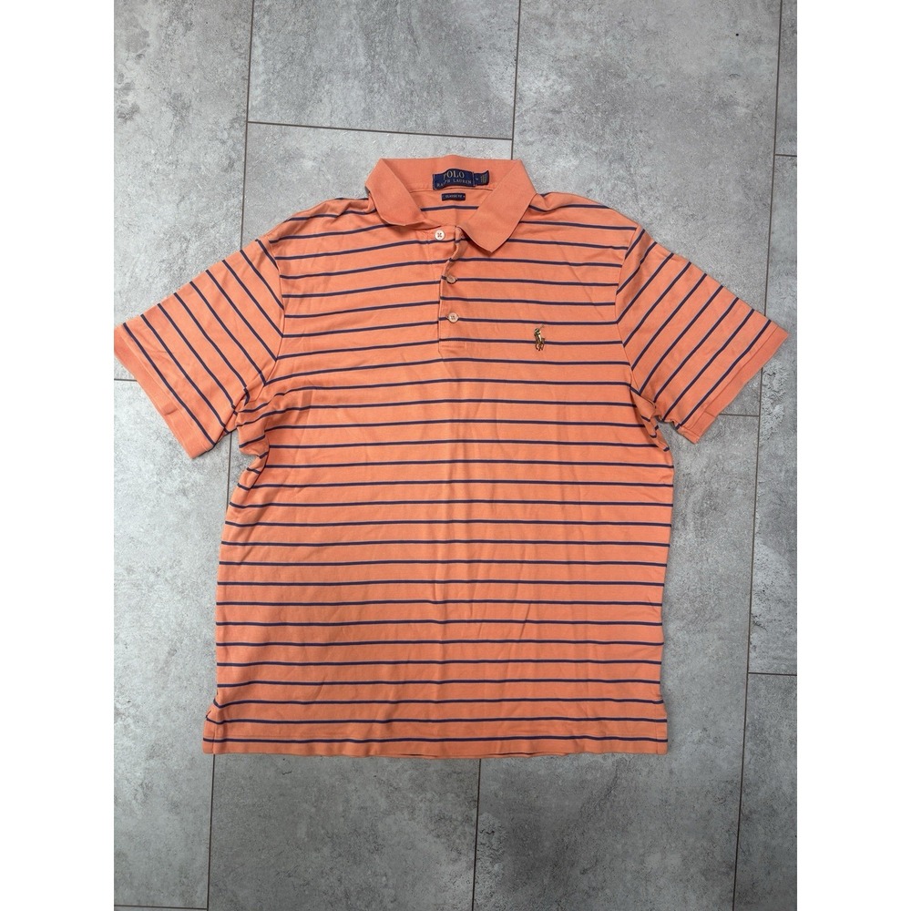 Polo Ralph Lauren Polo Shirt Men's Medium Orange Navy Blue Striped 100% Cotton